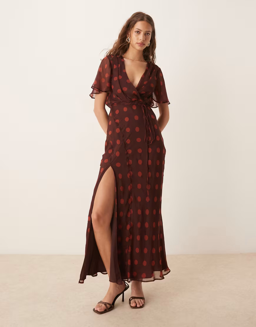 ASOS DESIGN angel sleeve wrap front maxi dress with seaming details in cherry polka dot print-Multi | ASOS (Global)