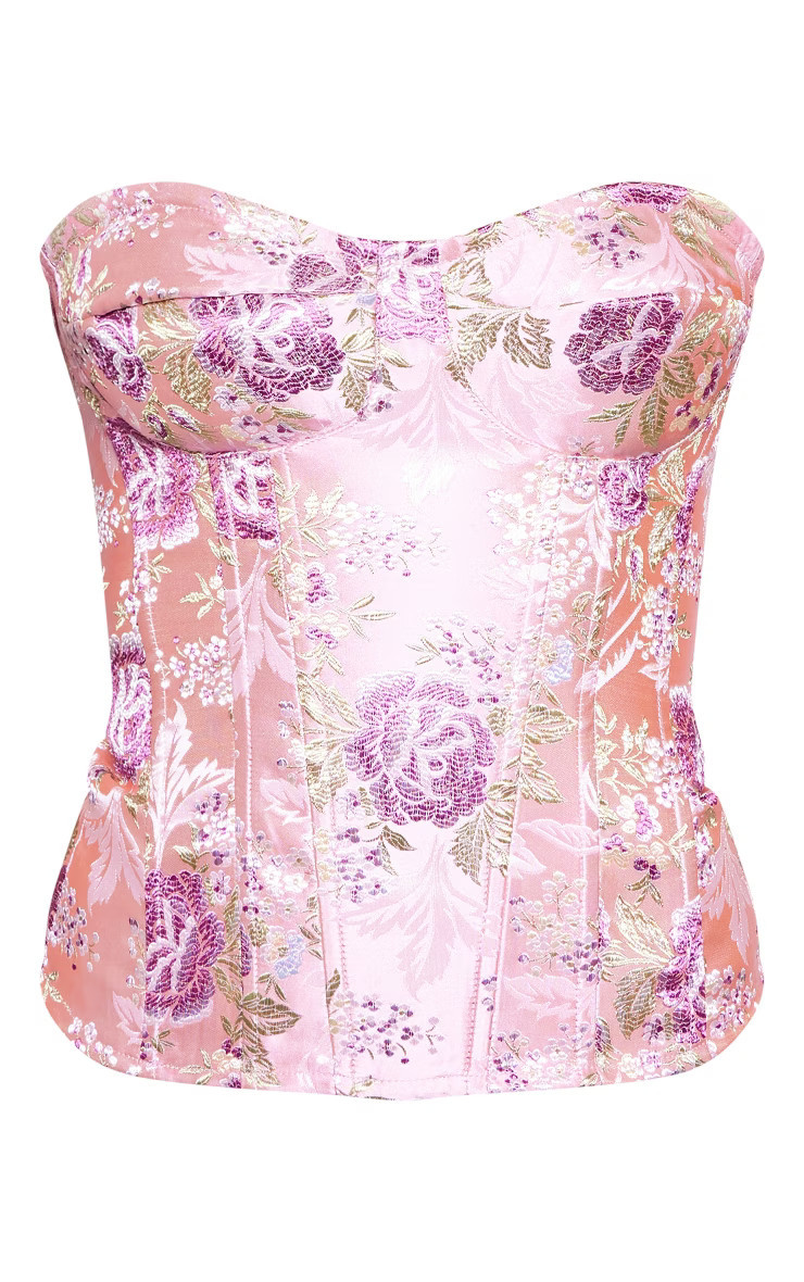 Pink Floral Jacquard Satin Corset | PrettyLittleThing US