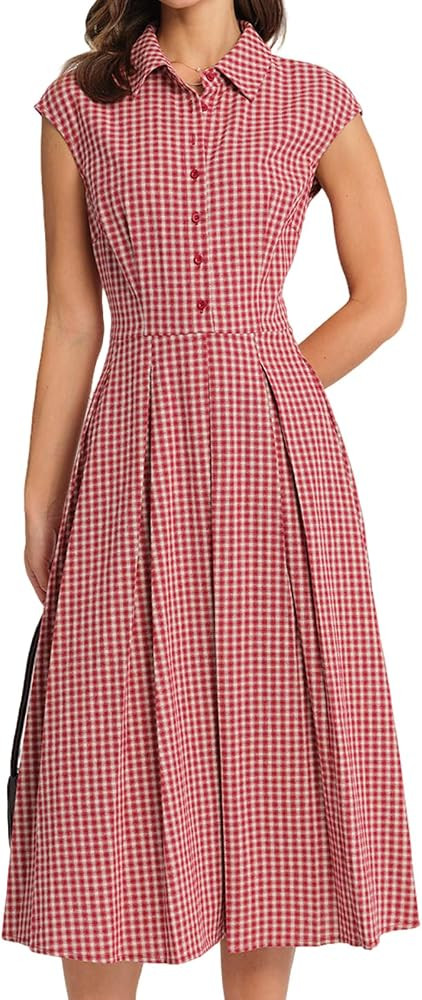RIHOAS Women's Plaid Dress Sleeveless Button Up Midi A Line Dress Office Work Dress | Amazon (US)