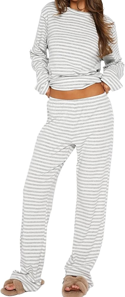 Ythomm Striped Pajamas Womens 2 Piece Sets Long Sleeve Tee Shirts Drawstring Wide Leg Pants Match... | Amazon (US)