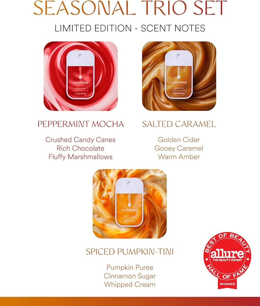 Touchland Hydrating Hand Sanitizer Spray, Limited Edition SEASONAL 3-PACK (Caramel, Pumpkin, Pepp... | Amazon (US)