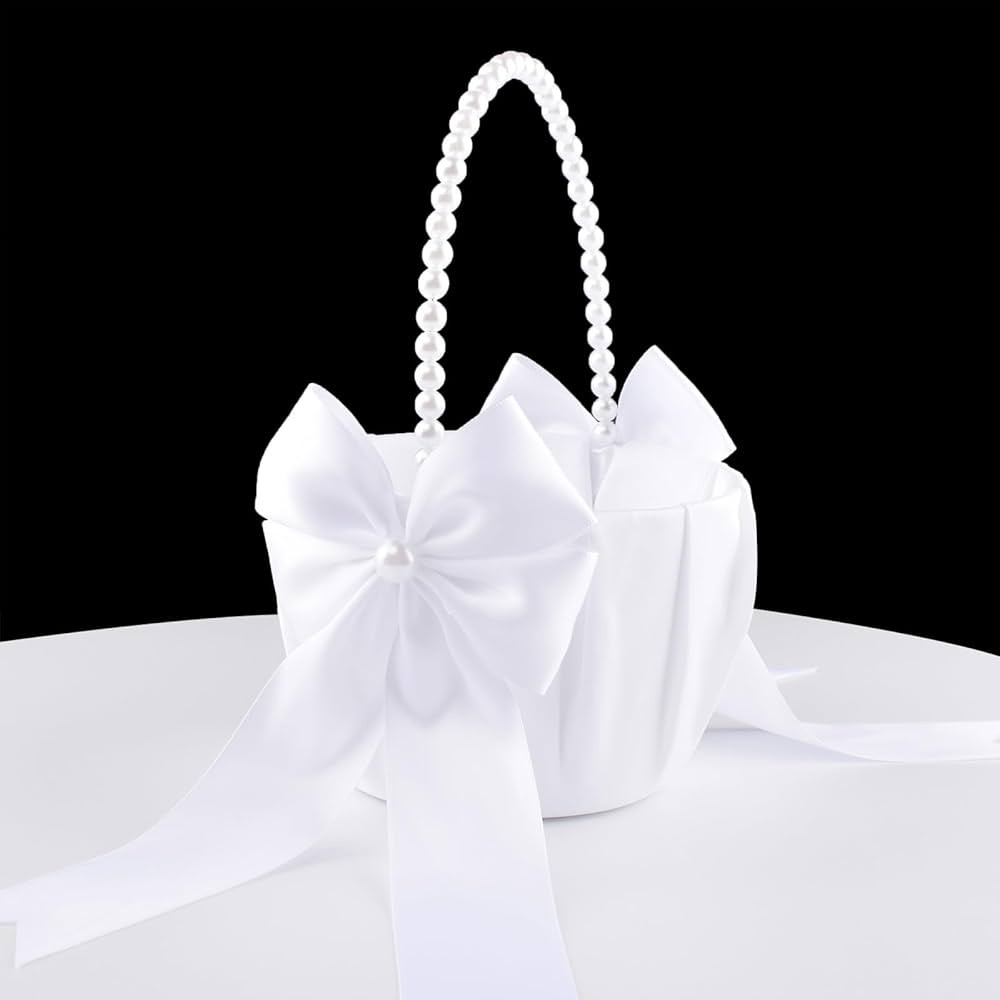 Wedding Flower Girl Basket, Pearl Handle Cute Flower Basket for Flower Girl, White | Amazon (US)