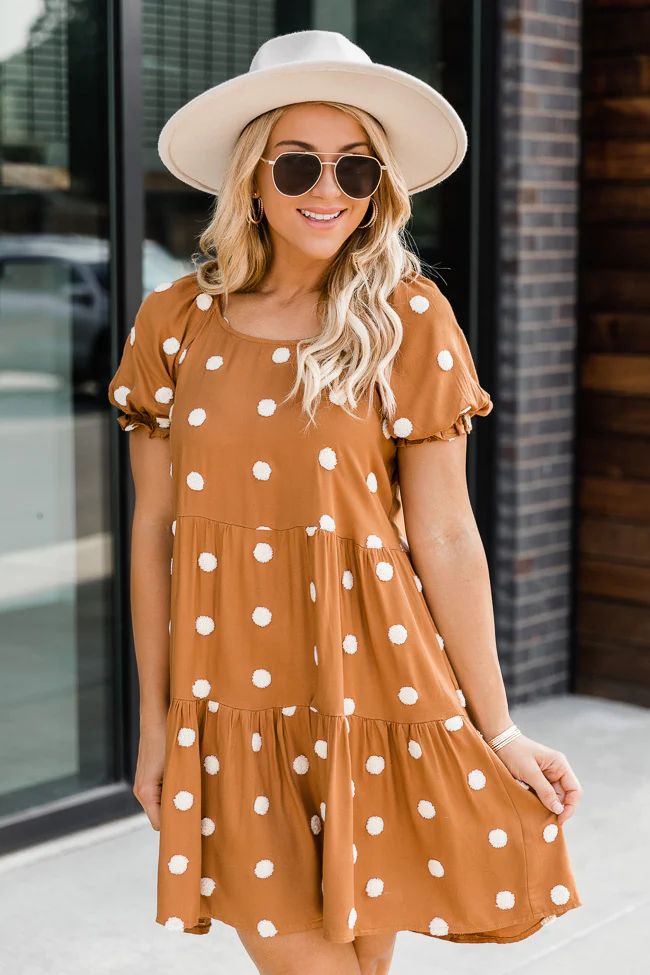 One Last Look Brown Pom Babydoll Mini Dress | The Pink Lily Boutique