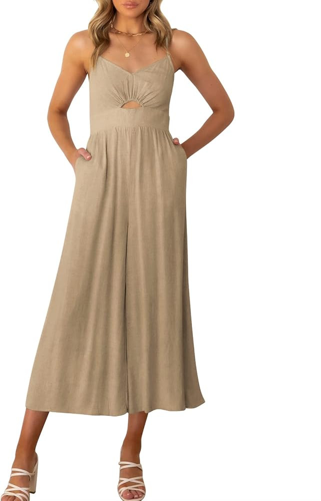 ANRABESS Women's Summer Spaghetti Straps V Neck Cutout Smocked High Waist Wide leg Jumpsuits Rompers | Amazon (US)