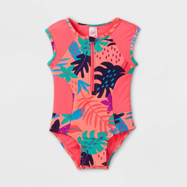 Toddler Girls' Leaf Print Zip-Front One Piece Swimsuit - Cat & Jack™ Pink | Target