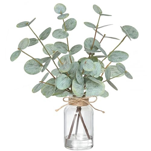 Piklado Fake Eucalyptus Stems in Vase with Faux Water,Artificial Plants Eucalyptus Leaves for Shelf Desk Bathroom Farmhouse Room Coffee Table Faux Greenery Plants Decorations (Green) | Amazon (US)
