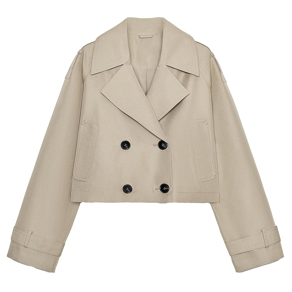 Hixiaohe Cropped Trench Coat for Women Trendy Double Breasted Lapel Long Sleeve Short Jackets Cas... | Amazon (US)