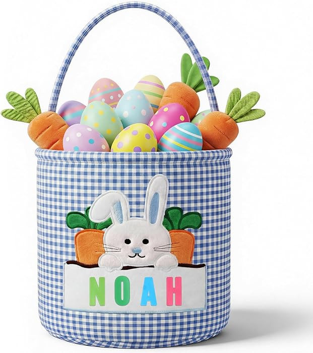 OXYEFEI Easter Baskets for Kids,Blue Embroidered Reusable Empty Bunny Egg Personalized Easter Bas... | Amazon (US)