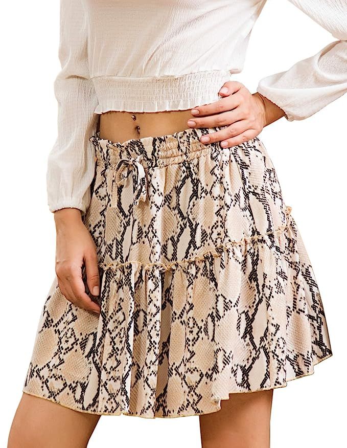 Hibluco Women' Floral Layered Ruffles Tie up High Waist Short Pleated Skirt | Amazon (US)