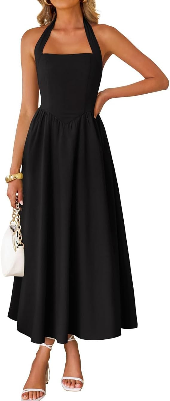 ZESICA Women's Summer Sleeveless Halter Midi Dress 2025 Off Shoulder High Waist Swing Flowy Beach... | Amazon (US)