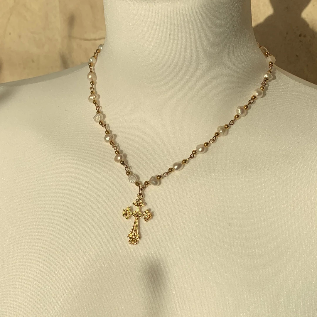 18K Gold Freshwater Natural Pearl Gold Beaded Cross Pendant - Etsy Australia | Etsy (AU)
