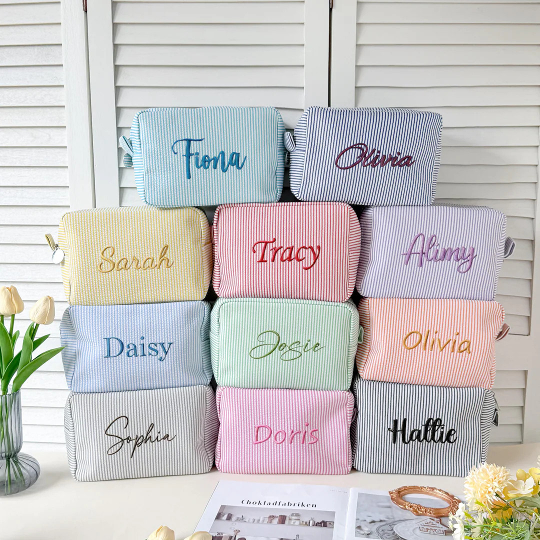 Personalized Embroidered Travel Toiletry Bag/ Bridesmaid Gift/ Gift for Her, Mom/ Striped Seersuc... | Etsy (US)