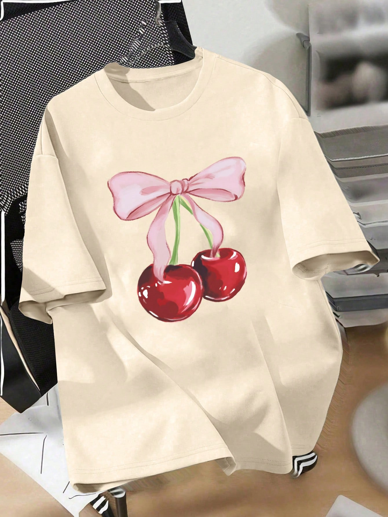 SHEIN EZwear Oversized T-Shirt With Cherry Bow Print, Casual Loose Fit Round Neck Short Sleeve Te... | SHEIN