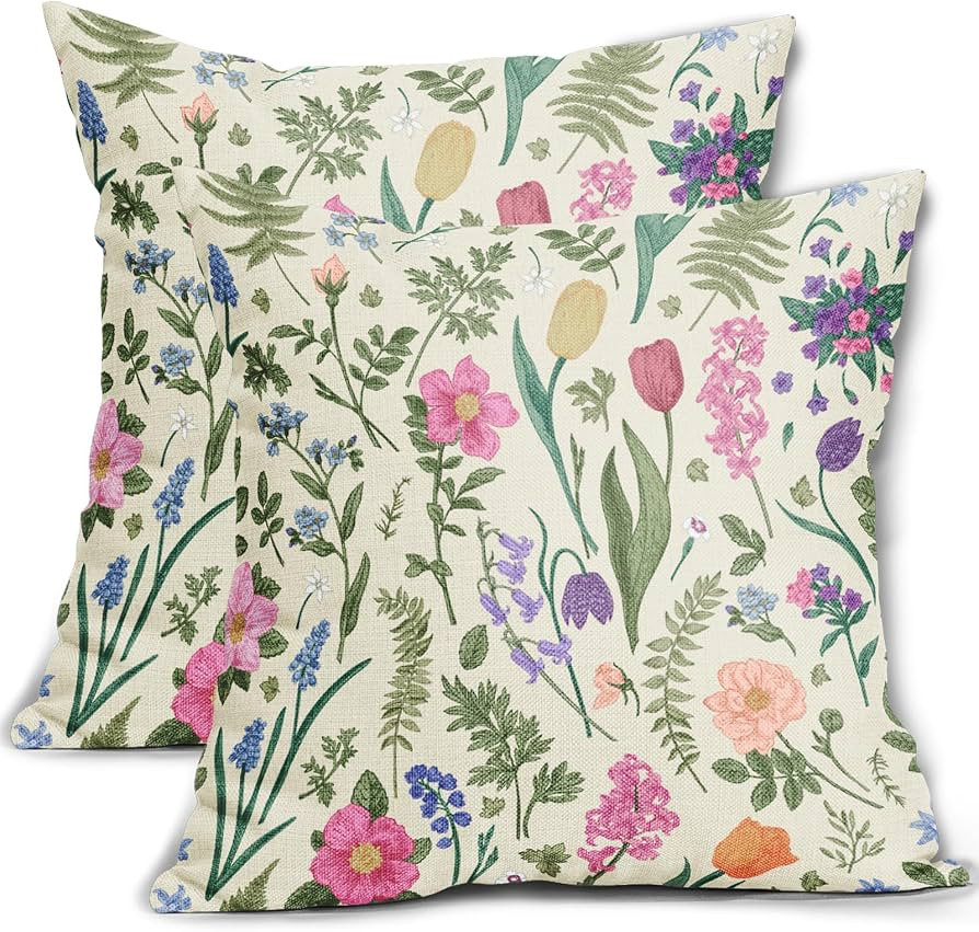 Spring Floral Pillow Covers 18x18 Inch Set of 2 Watercolor Pink Flowers Sage Green Leaves Vintage Botanical Plants Print Decorative Throw Pillows Seasonal Pillow Cases Couch Bed Sofa Decor | Amazon (US)
