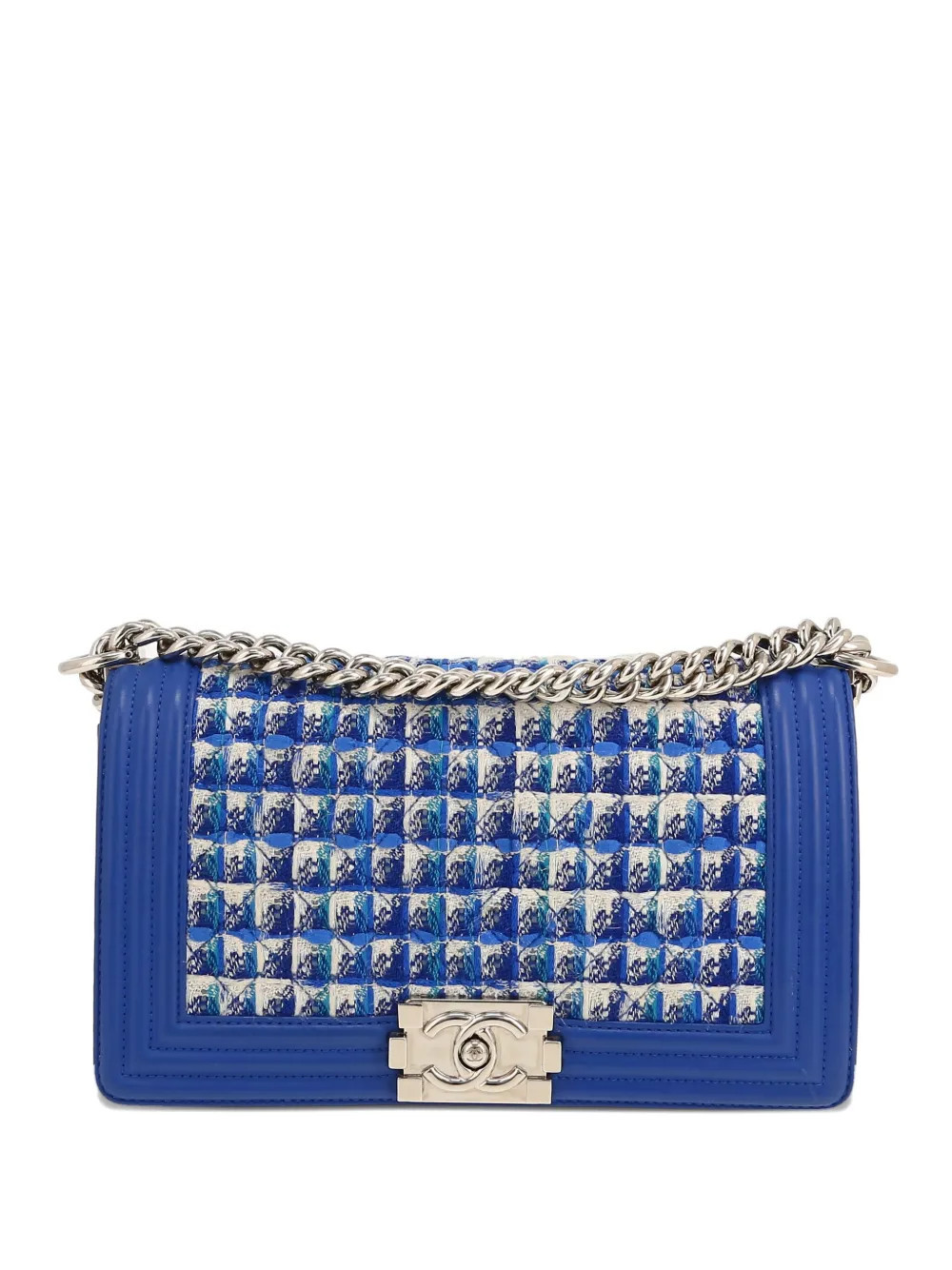 CHANEL Pre-Owned Boy tweed-chain shoulder bag - Blue | Farfetch Global