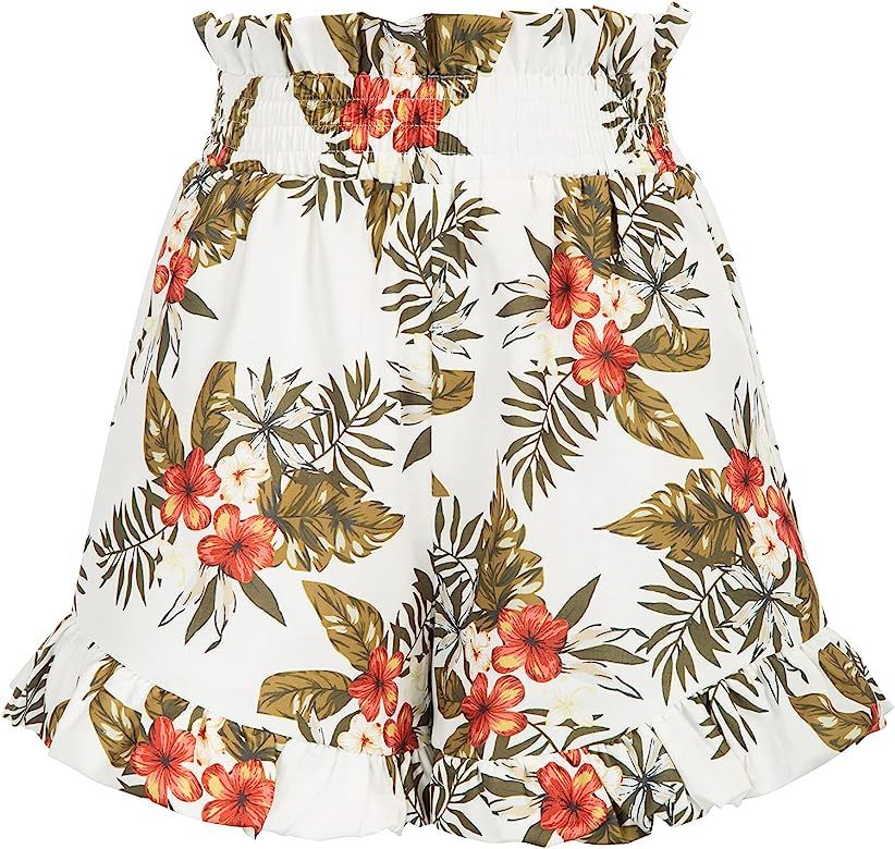 Belle Poque Women's Elastic Waist Wide Leg Shorts Casual Ruffle Summer Beach Shorts with Pockets | Amazon (US)