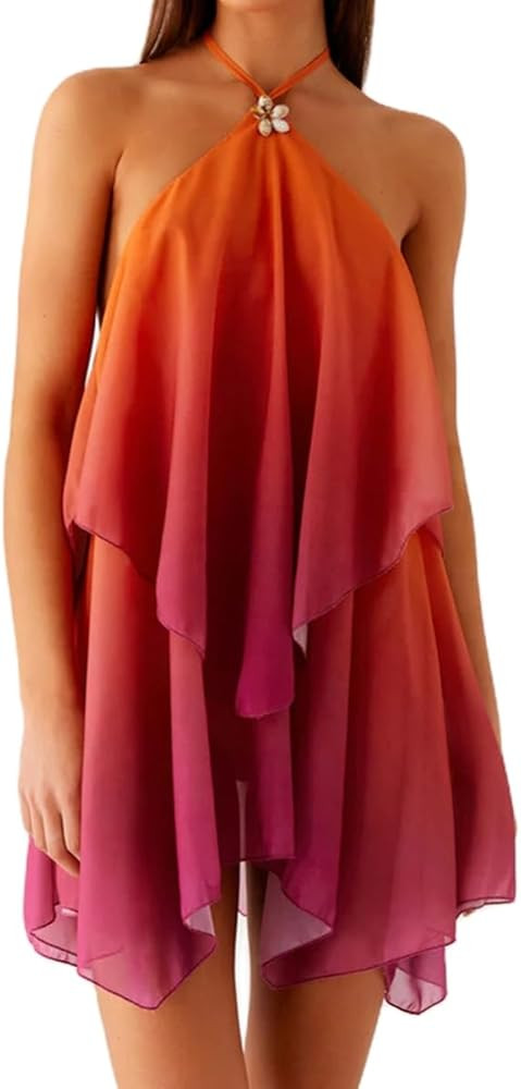 Women Gradient Halter Backless Mini Dress Boho Sleeveless Flowy Layered Hem Summer Party Beach Sh... | Amazon (US)