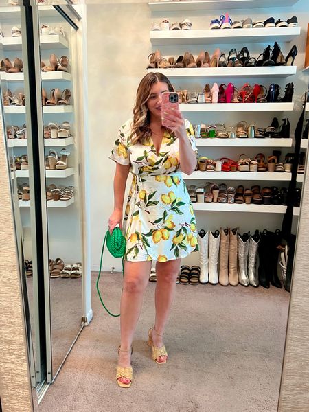 Lulus lemon short sleeve wrap dress, mini dress, summer dress, European vacation dress, date night dress, gold earrings, heels, green handbag 

#LTKItBag #LTKFindsUnder100 #LTKShoeCrush