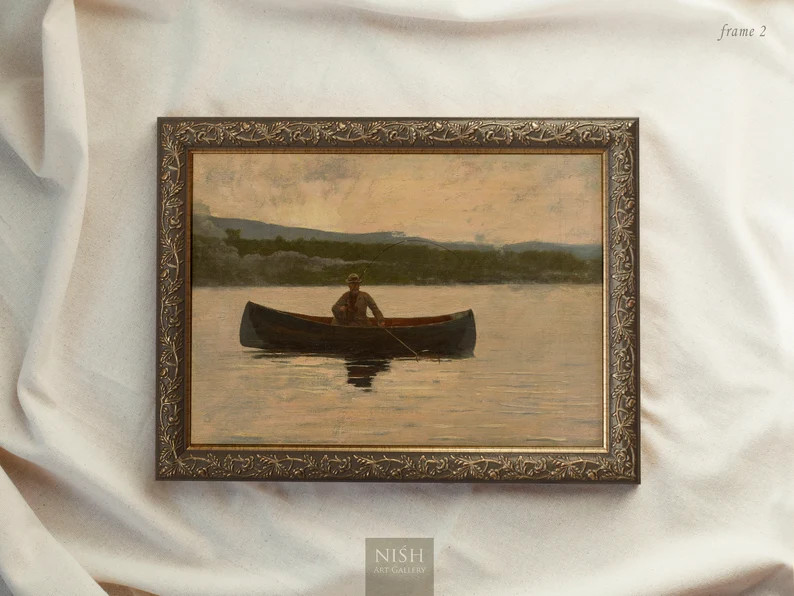 Fisherman Lake Painting, Vintage Prints Framed, Antique Replica Oil Painting Art, Ornate Gold Fra... | Etsy (US)