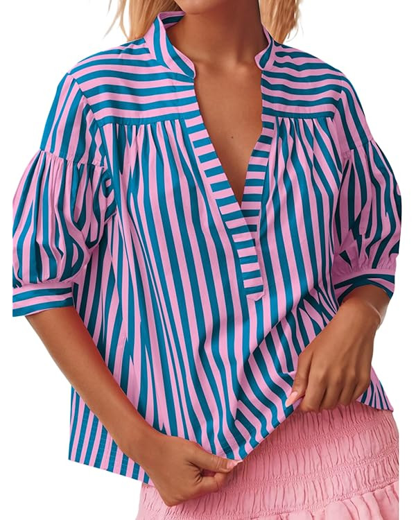 Womens Short Puff Sleeve Striped Blouses Top V Neck Loose Fit Casual Summer Work Blouses Striped ... | Amazon (US)