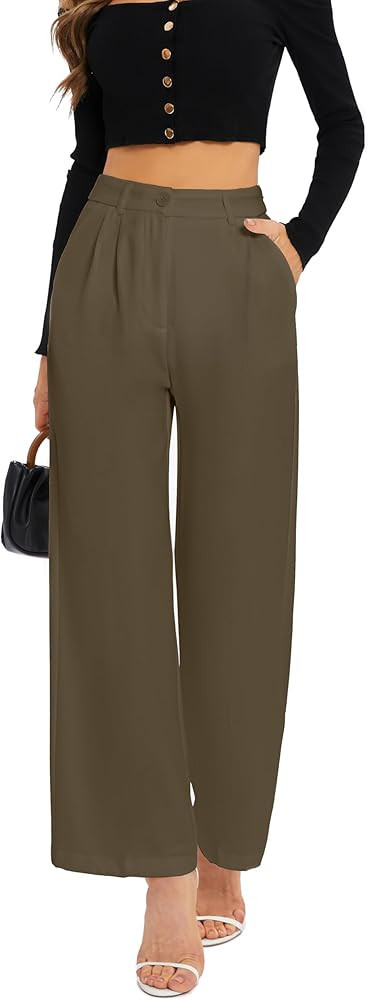 FUNYYZO Women's Wide Leg Pants High Elastic Waisted in The Back Business Work Trousers Long Strai... | Amazon (US)