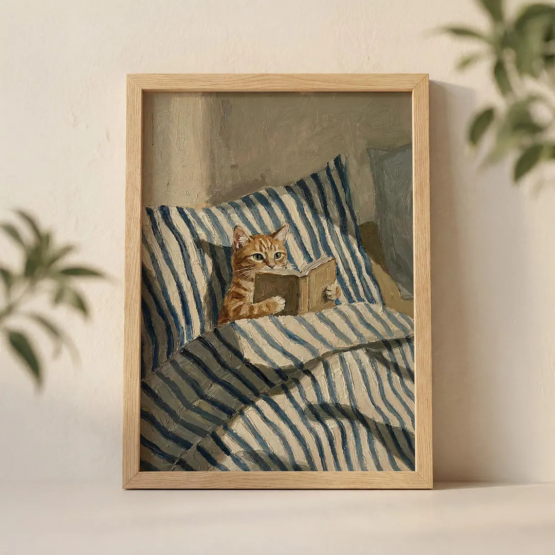 Orange Ginger Cat Reading Book in Bed Wall Art Print, Cozy Tabby Illustration With Striped Pillow... | Etsy (US)