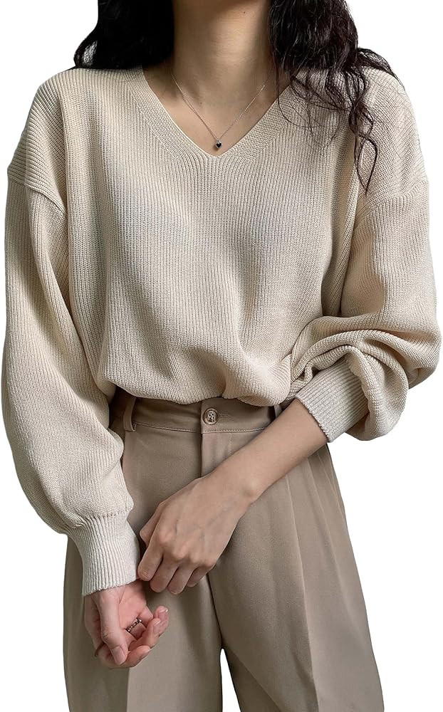 Verdusa Women's V Neck Drop Shoulder Long Sleeve Knit Solid Pullovers Sweater Top | Amazon (US)