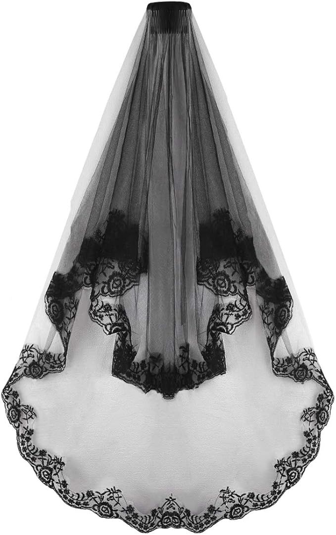 Halloween Costume Black Long Veil Tulle Bridal Wedding Cathedral Veil Headpiece | Amazon (US)
