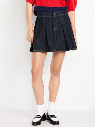 Mid-Rise Pleated Jean Mini Skirt | Old Navy (US)