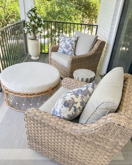 Outdoor balcony patio decor refresh featuring these swivel glider chairs that are amazing! So happy with them! And love the look for less ottoman as well!

#LTKsalealert #LTKSeasonal #LTKhome