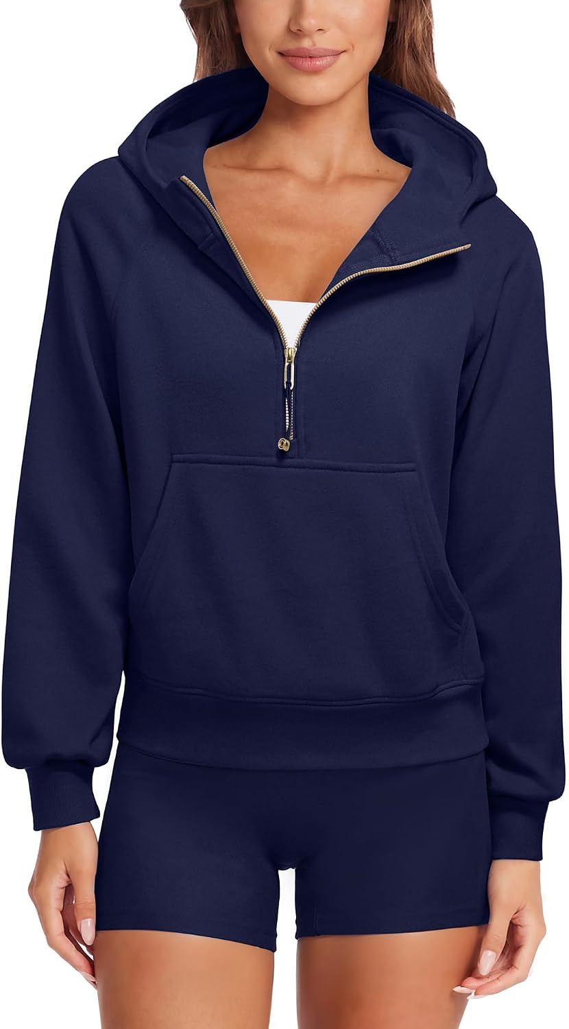 SUUKSESS Women Gold Half Zip up Cotton Hoodies Casual Pullover Sweatshirt | Amazon (US)