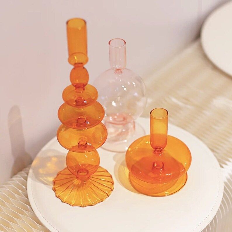 Wavy Bubble Glass Candlestick Holders Amber Burnt Orange Retro | Etsy | Etsy (US)