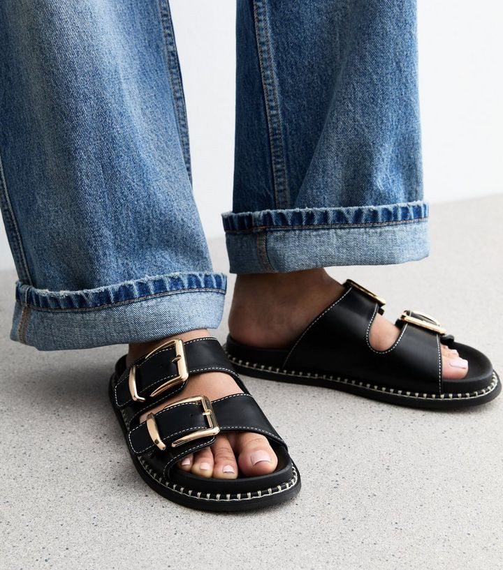 Black Faux Leather Whipstitched Sole Sandals
						
						Add to Saved Items
						Remove from Sa... | New Look (UK)