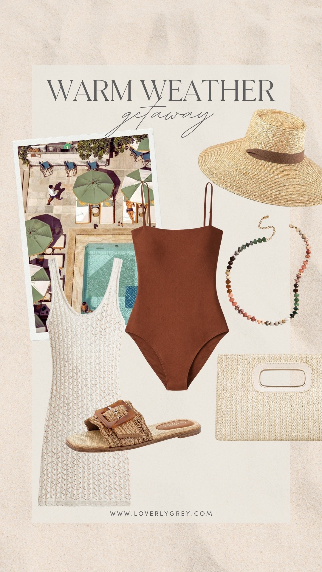 A great look for resort wear or a warm weather getaway! Grab this brown one piece bathing suit from Nordstrom and pair it with a H&M cover up. Accessorize with a beaded necklace, raffia hat, and sandals to complete the ensemble! 

#LTKdayinmylife #LTKootd #LTKgrwm