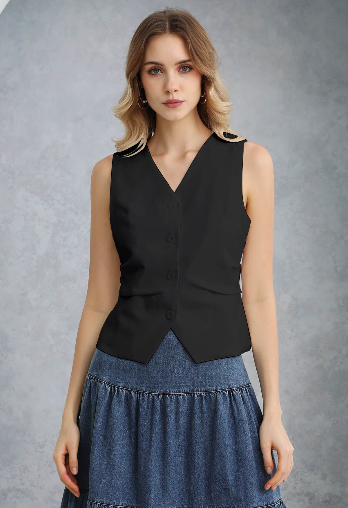 V-Neck Buttoned Down Ruched Vest in Black | Chicwish