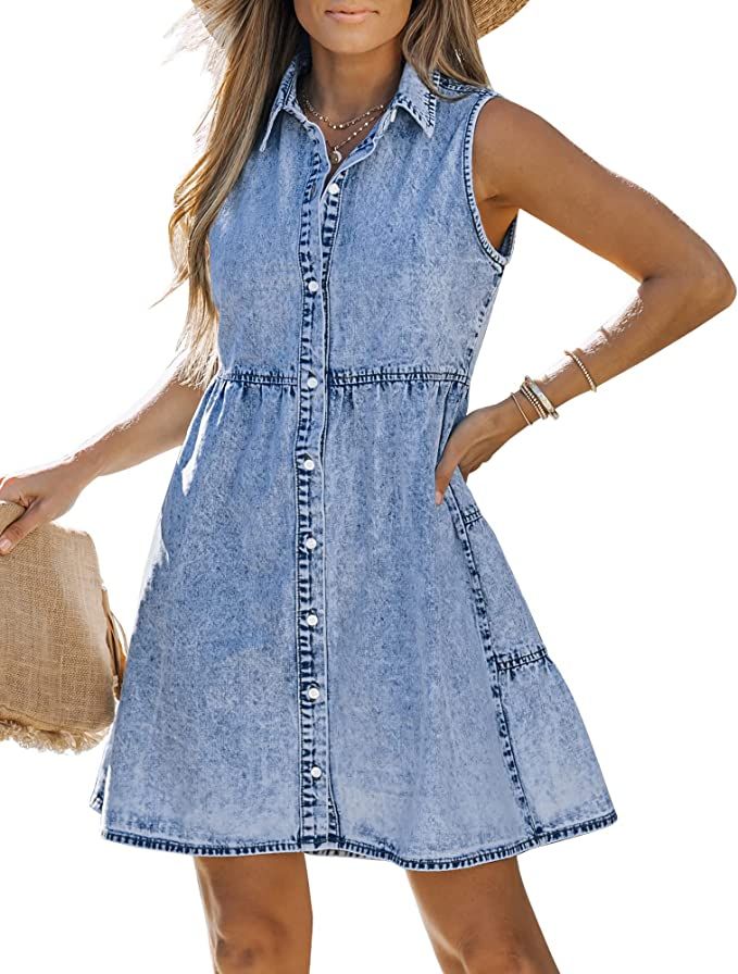 LookbookStore Denim Dress for Women Sleeveless Babydoll Button Down Short Jean Dresses Cute Summe... | Amazon (US)