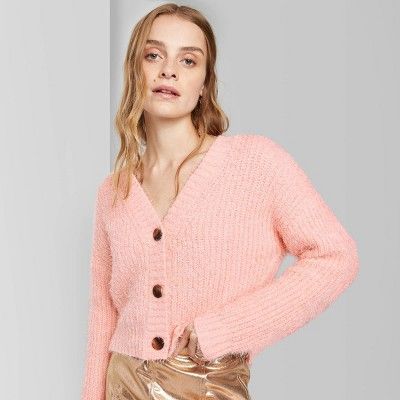 Women's Long Sleeve V-Neck Cropped Button-Front Fuzzy Cardigan - Wild Fable™ Pink | Target