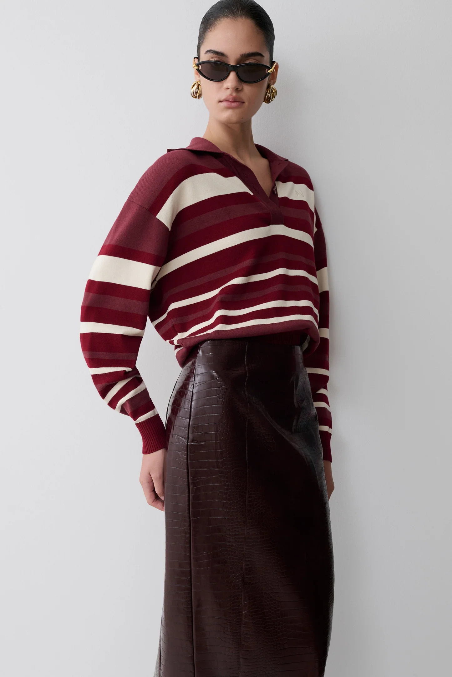 Stripe Long Sleeve Knit Jumper - Burgundy/Cream | MESHKI US