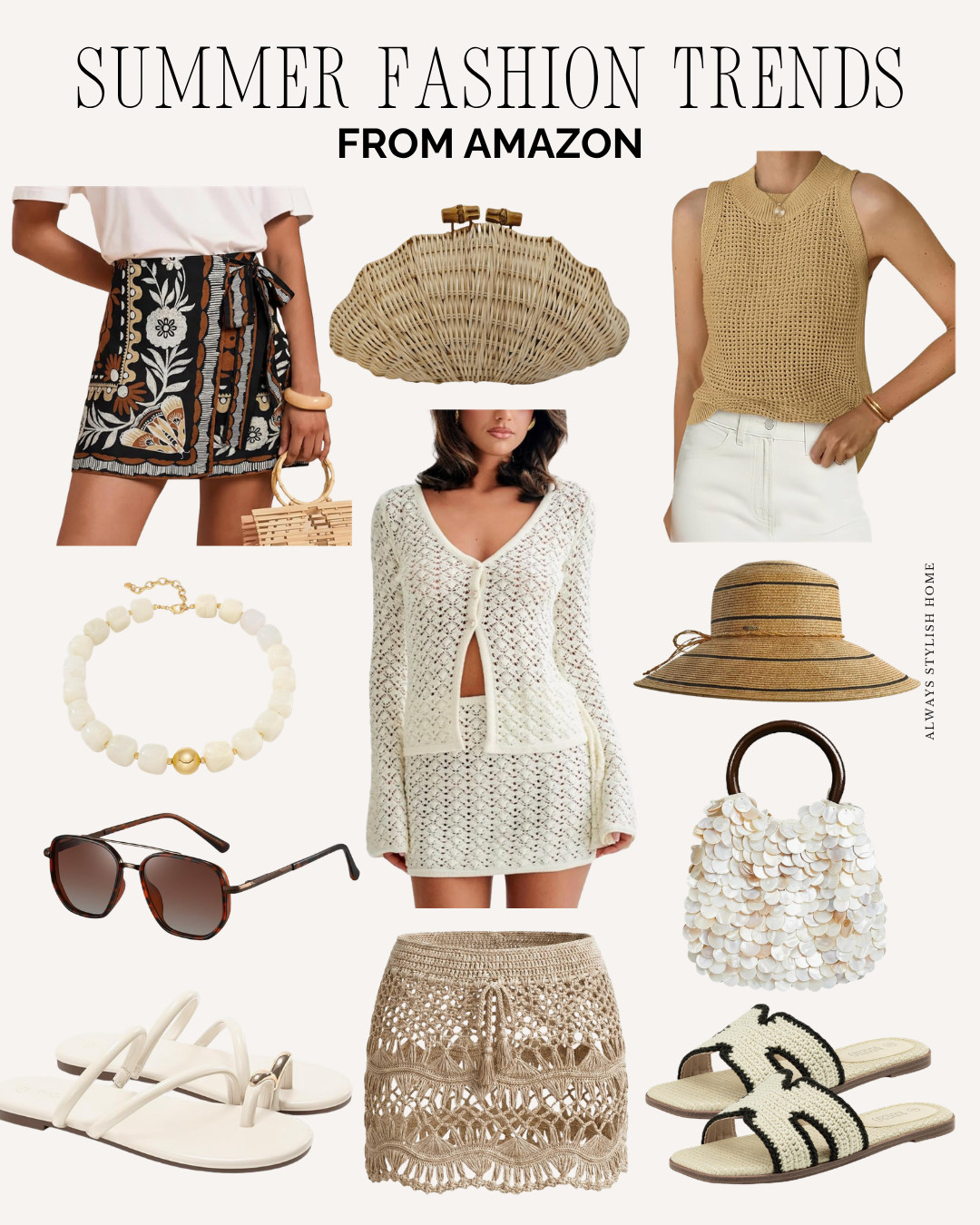 The biggest Amazon summer fashion trends are here and I’m obsessed 🤍 From effortless crochet knits to chic raffia accessories and all the seashell details, these pieces instantly make your summer wardrobe look elevated without spending a fortune. Think lightweight crochet sweaters, beachy shell jewelry, raffia handbags, woven sandals, and easy neutral outfits you can wear on vacation, to the beach, or all summer long. These Amazon finds give major coastal grandmother, European summer, and resort style vibes for less! #AmazonFashion #SummerFashion #AmazonFinds #SummerStyle #BeachVacationOutfits #CrochetTop #CrochetKnits #RaffiaBag #SeashellJewelry #CoastalGrandmother #CoastalStyle #ResortWear #EuropeanSummer #NeutralStyle #LTKStyle 

 #LTKSeasonal #LTKSwim #LTKTravel