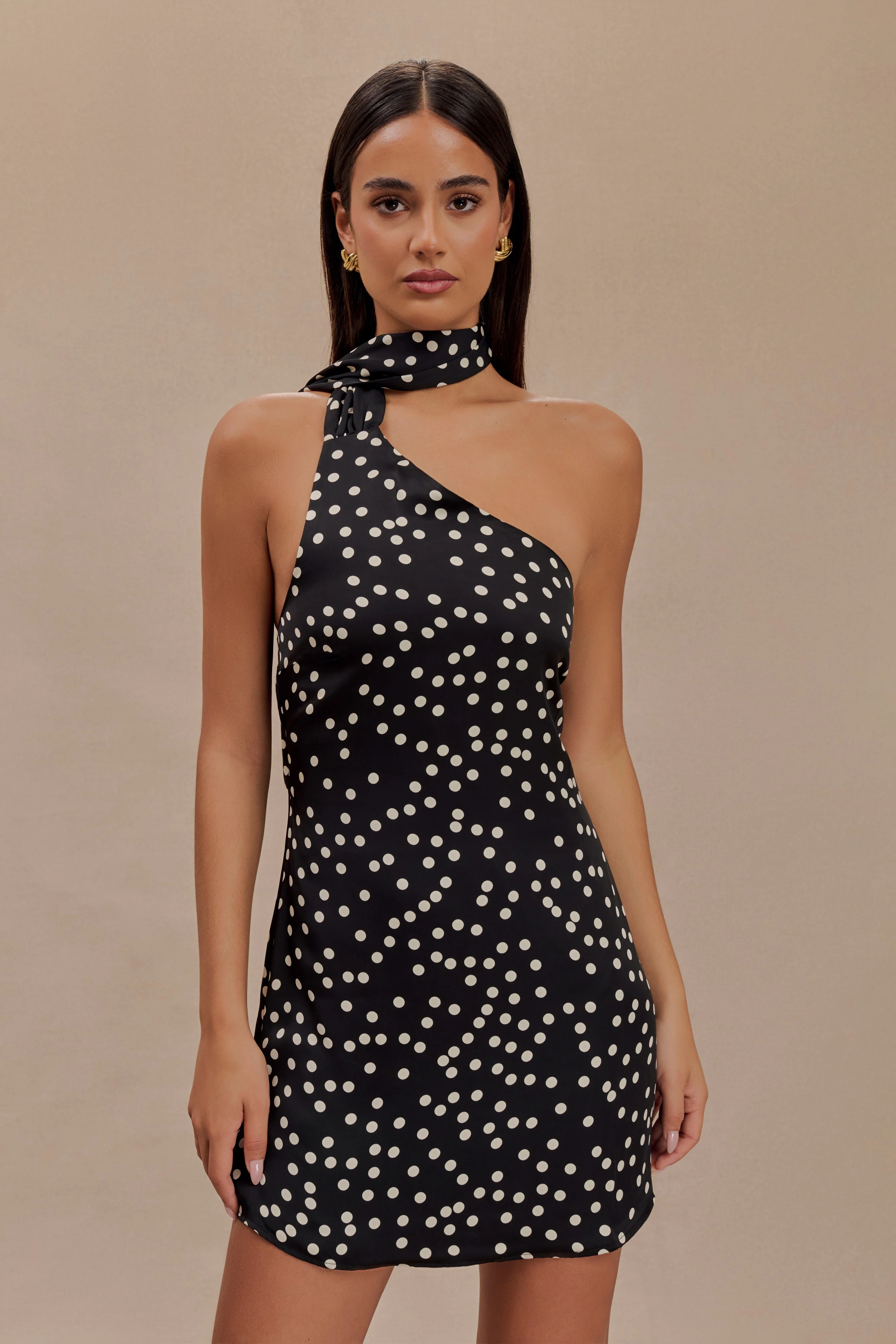 Joan Satin Asymmetrical Mini Dress - Black Polka Dot Print | MESHKI US