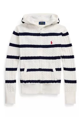 Ralph Lauren Childrenswear Girls 7-16 Striped Cotton Hooded Full Zip Sweater, White, Small | Belk