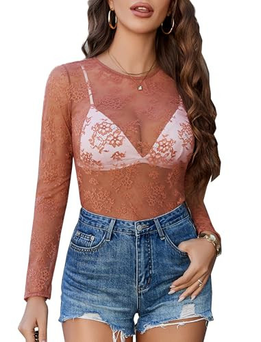 Avidlove Women's Long Sleeve Sheer Mesh Tops See Through Floral Lace Tops Tee Shirt Blouse Orange Small | Amazon (US)