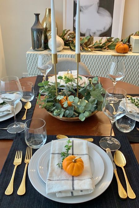 Thanksgiving dinner table prep! Apartment living and hosting a holiday! 

Tablescape
Decor
Dining
Table decoration
Holidays
Family
Table setting
Pumpkins
Wine glasses 
Plates
Cloth napkins 
Faux wreaths 
Gold silverware 
Eucalyptus 
Holidays at home
Target finds

#LTKhome #LTKSeasonal #LTKHoliday