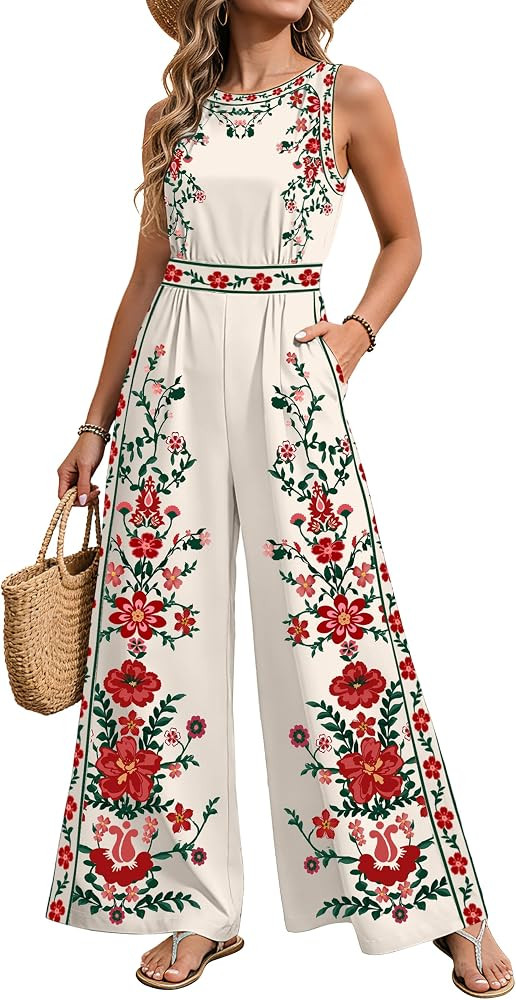 AGERWAY Women Jumpsuits Dressy Summer Round Neck Casual Sleeveless One Piece Outfit Floral Wide L... | Amazon (US)