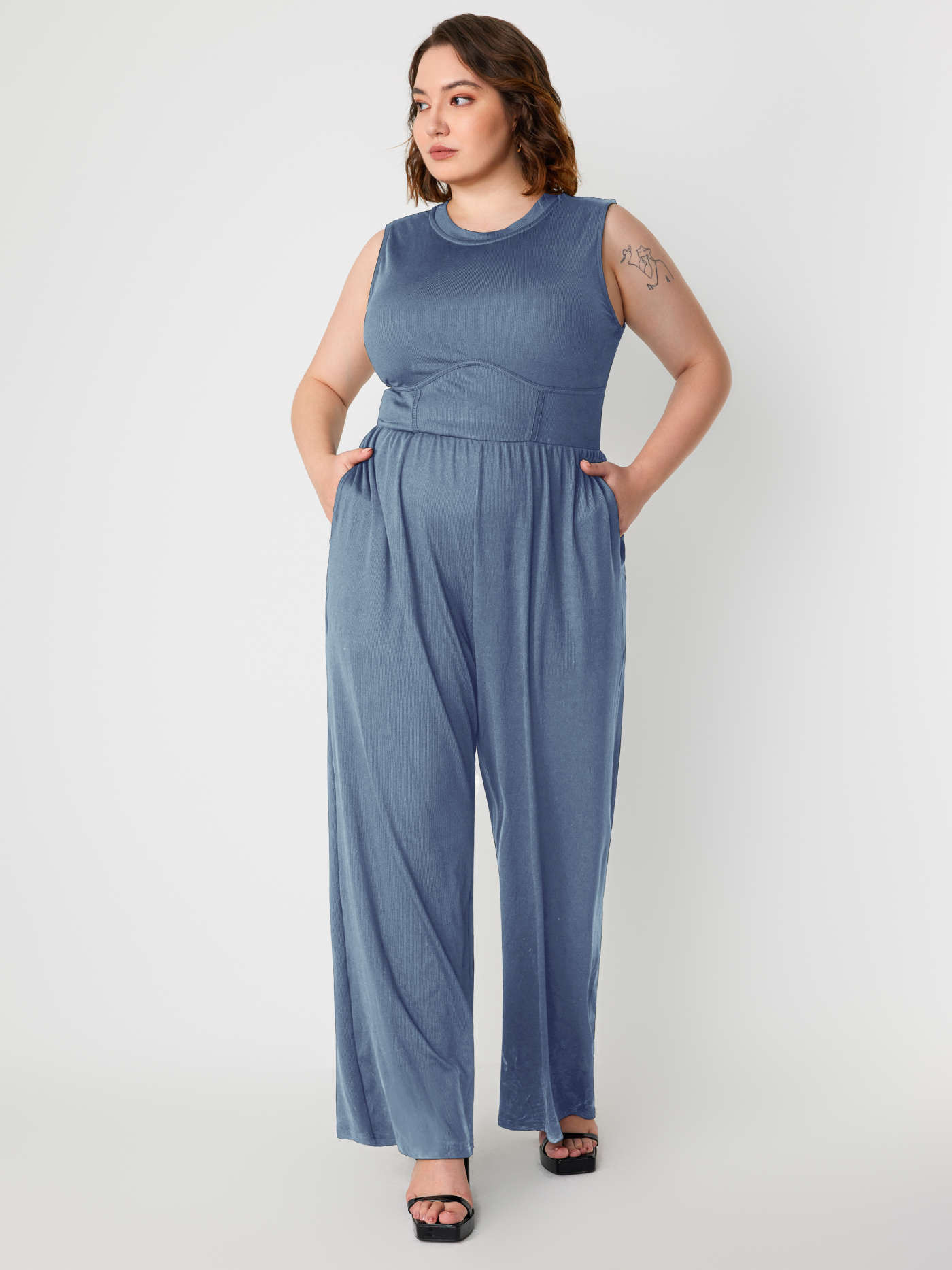 Solid Sleeveless Wide Leg Jumpsuit Curve & Plus | Cider