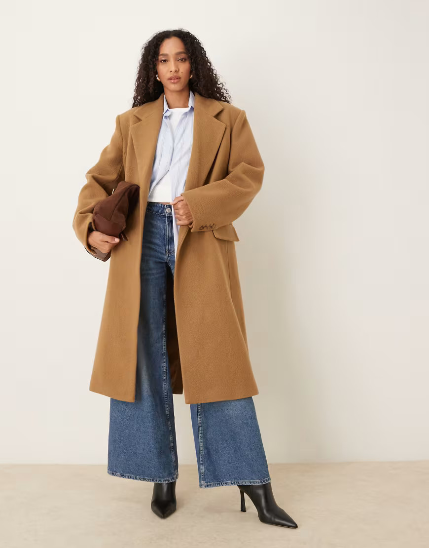Mango Capsule wool mix statement shoulder tailored midi coat in tan-Brown | ASOS (Global)