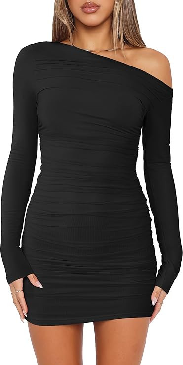 Prinbara Women's Mesh Long Sleeve Ruched Bodycon Off Shoulder Mini Dress 2025 Fall Sexy Cocktail ... | Amazon (US)