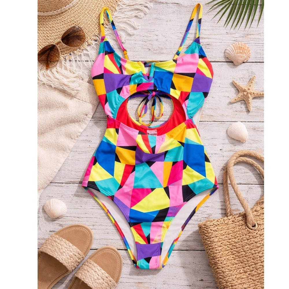Bright Colorblock One Piece Swimsuit Cutout\u200e Open Back Tie Beach Vacation XS | Poshmark