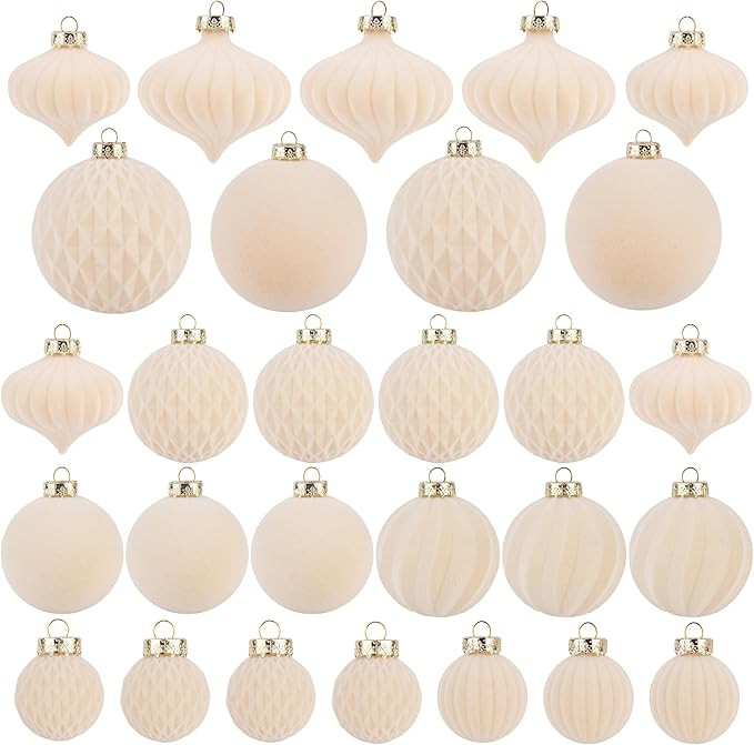 Flocked Ornaments for Christmas Tree Decorations - 28pcs Cream Velvet Ball Ornament for Xmas Holi... | Amazon (US)