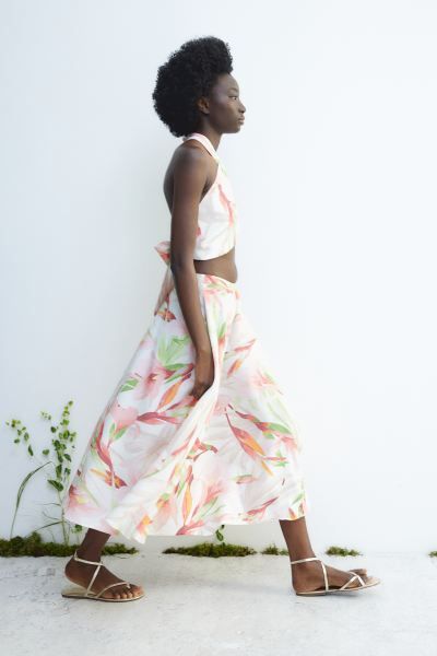Linen-blend circular skirt - Cream/Floral - Ladies | H&M GB | H&M (UK, MY, IN, SG, PH, TW, HK)